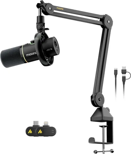MAONO PD200W micrófono inalámbrico híbrido podcast para PC, kit de micrófono dinámico XLR USB con brazo de pluma (PD200W+receptor Lightning)