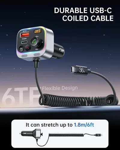 Miniatura 6 de Syncwire Transmisor FM Bluetooth 5.4 Adaptador de coche 66 W PD y QC 3.0 de carga rápida con cable USB-C, adaptador de radio inalámbrico con control