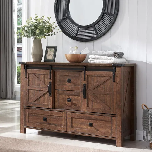 Miniatura 9 de T4TREAM Cómoda de 5 cajones para dormitorio con puerta de granero deslizante, cómoda moderna alta de estilo granja, 5 cajones, organizador de Roble