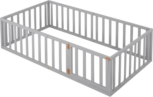 Miniatura 7 de Cama Montessori de suelo individual con puerta y valla para niños, marco de cama Montessori bajo de madera maciza con barandillas de seguridad