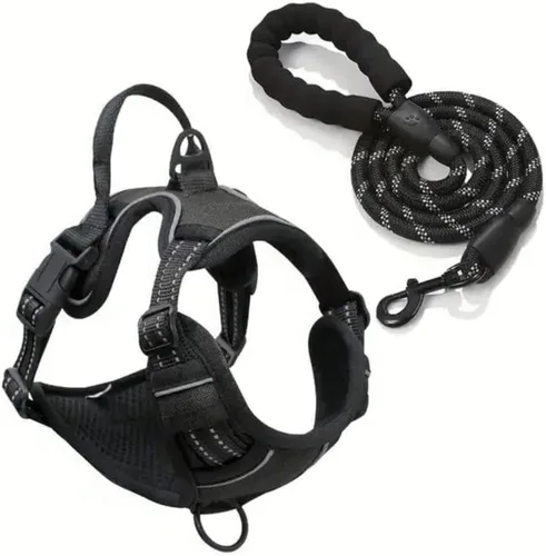 Juego de arnés y correa para perro, chaleco ajustable sin tirones para mascotas con cuerda trenzada a juego, negro, rojo, colores azules, para