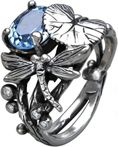 Miniatura 5 de Anillos vintage de plata tailandesa 925 plata tailandesa topacio azul hoja de loto libélula anillos boda fiesta joyería regalo