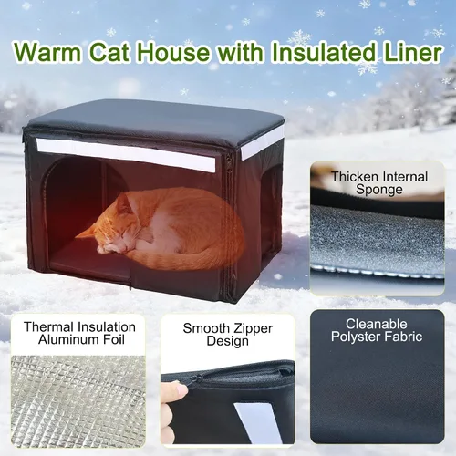 Miniatura 4 de Casa impermeable para gatos al aire libre, casa de plástico para gatos con puerta de escape y alfombrilla suave, refugio grande para gatos