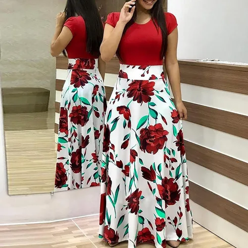 Miniatura 5 de ZEFOTIM Maxi Dress for Women,Summer Fashion Floral Print Bodycon Dress Casual Short Sleeve Crewneck Party Beach Dress