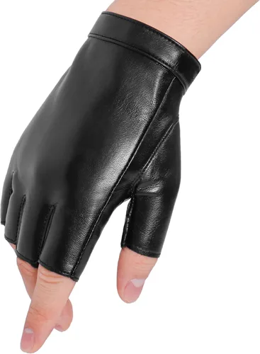 OurHonor Guantes negros sin dedos para hombres y mujeres, guantes de cuero sintético de Halloween, medio dedo, para conducción, disfraz deportivo