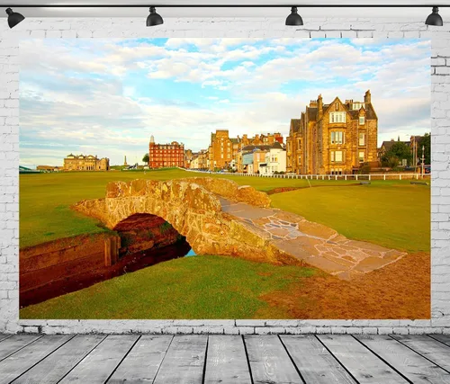 Telón de fondo de tela de 15 x 10 pies para fotografía de campo de golf antiguo de Escocia Swilcan Bridge al atardecer, hermoso fondo británico de