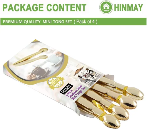 Miniatura 2 de HINMAY Pinzas para servir chapadas en oro de 4 pulgadas, pinzas de cubo de azúcar de acero inoxidable, minipinzas para hielo, juego de 4