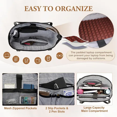 Miniatura 6 de VASCHY Bolsa de mano para laptop para mujer, grande de 15.6 pulgadas, bolsa para profesores, maletín para viajes, trabajo, negocios, oficina