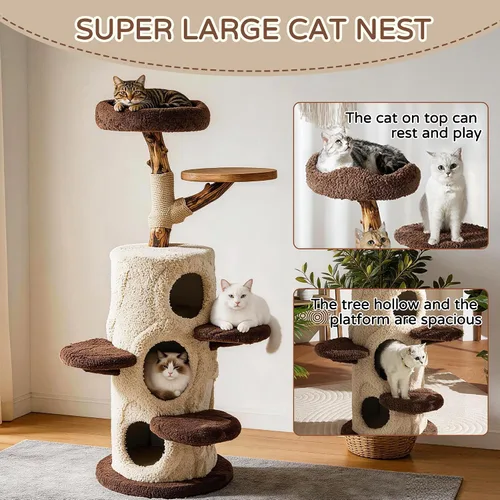 Miniatura 6 de RPZ Árbol para gatos de madera maciza de lujo de 54.7 pulgadas para gatos pequeños a medianos, poste rascador de madera natural con rama real