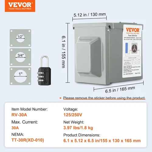 Miniatura 7 de VEVOR Caja de toma de corriente para RV de 30 amperios, 125/250 voltios, caja de receptáculo para RV exterior cerrada con cerradura, NEMA TT-30R