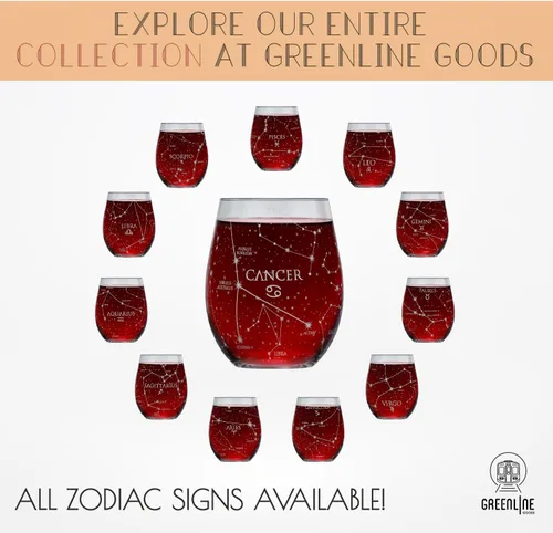 Miniatura 6 de Greenline Goods Juego de copas de vino sin tallo de cáncer del zodiaco grabado a mano, 15 onzas (juego de 2) - Cristalería con signo de astrología
