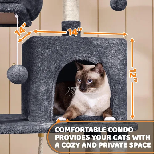 Miniatura 5 de Yaheetech Árbol para gatos de 59 pulgadas con postes rascadores, centro de actividades para escaladores con condominio y dispositivo antivolcado