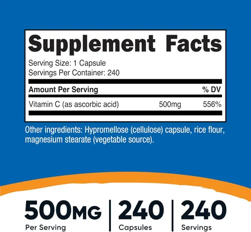 Miniatura 2 de Nutricost Vitamina C 500 mg, 240 cápsulas, vegetariana, sin gluten y sin OMG