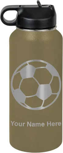 Miniatura 21 de LaserGram Botella de agua personalizada, pelota de fútbol, acero inoxidable de doble pared aislada al vacío con popote superior, regalo grabado