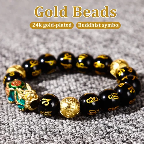 Miniatura 4 de Feng Shui Bracelet Obsidian Bracelet, 24k Gold Plated PiXiu Dragon Protection for Men Women, 12mm Mantra Prayer Beads Bracelets Meditation