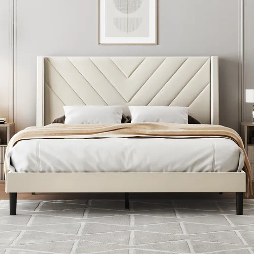 Miniatura 9 de WLIVE Base de cama tapizada de tamaño matrimonial con cabecera de ala de 48 pulgadas de alto, cama cuadrada de terciopelo con estación de carga
