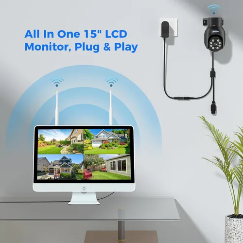 Miniatura 3 de Hiseeu Sistema de cámara de seguridad inalámbrico, todo en uno con monitor LCD de 15 pulgadas, NVR de 10 canales, 4 unidades de cámara PTZ de 5 MP