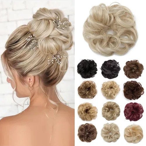 Miniatura 6 de Benehair Moño desordenado, pieza de pelo recogido para mujer, esponjoso, ondulado, moño con dona, moño sintético con banda elástica de goma
