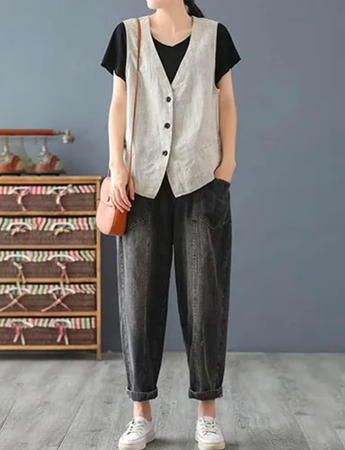 Miniatura 4 de IDEALSANXUN Chaleco de lino de algodón para mujer, blazer casual sin mangas