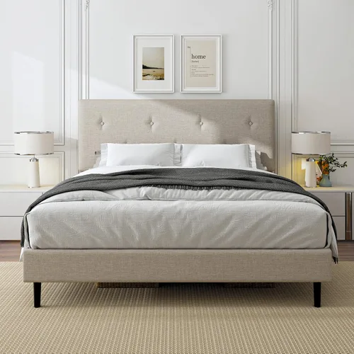 Miniatura 3 de Marco de cama de lino de tamaño matrimonial, marco de cama tapizado con cabecera ajustable, soporte de listones de madera, no necesita somier, fácil