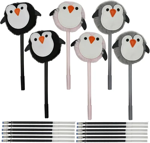 Maydahui 6 bolígrafos de gel con forma de pingüino de felpa, bola de piel esponjosa, con 12 recambios de tinta negra para oficina, escuela, fiesta,