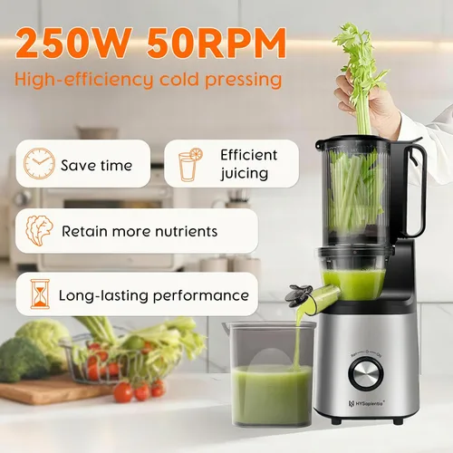Miniatura 6 de Exprimidores de prensa en frío, exprimidor lento de masticación eléctrica HYSapientia para verduras y frutas, potente motor, sistema autoprecortado