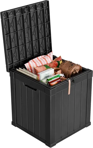 Miniatura 28 de Caja de cubierta para exteriores de 120 galones, cajas de almacenamiento impermeables con cerradura para herramientas de jardín, cojines de Gris