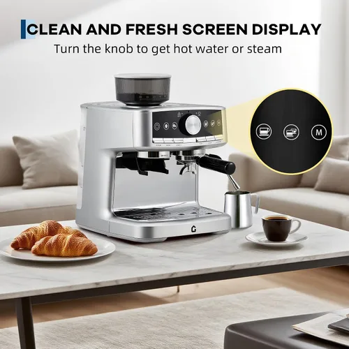 Miniatura 3 de Garvee Máquina de café expreso de acero inoxidable a presión de 20 bar con molinillo, tanque de agua extraíble de 1.5 L, varita de vapor espumador