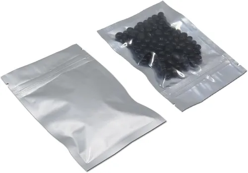 FERENLI 100 unidades Bolsa de almacenamiento de alimentos Mylar con cierre de cremallera, bolsa de aluminio mate hermética con ventana frontal,