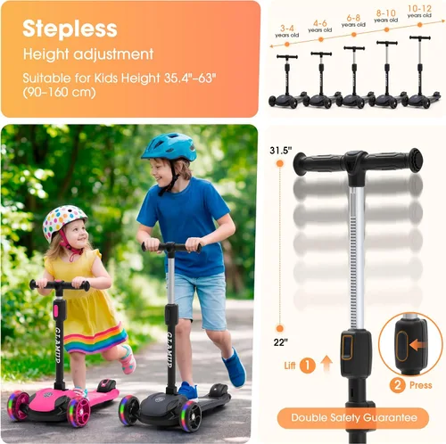 Miniatura 3 de GLAMUP Patinete para niños de 3 ruedas, manillar ajustable en altura para niños, sistema de inclinación para dirección y mecanismo de fácil plegado