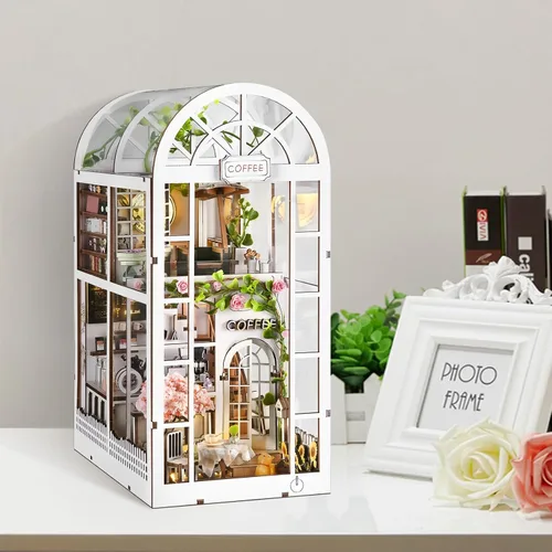 Miniatura 7 de Green House - Kit de rincón de libro - Rompecabezas de madera 3D en miniatura de jardín de café, decoración de estantería para adultos