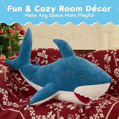 Miniatura 9 de MorisMos Peluche de tiburón gigante de 39 pulgadas, almohada grande de peluche de tiburón para niños, novia, color azul Tiburón azul 39