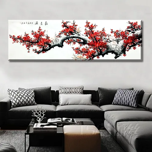 Miniatura 7 de JiazuGo Decoración asiática, pintura china, arte de pared oriental rojo ciruelo flor lienzo cuadros para dormitorio, decoración estética de pared