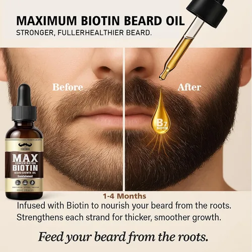 Miniatura 4 de Biotin - Juego de 2 aceites para barba sin perfume y sándalo mezclado con aceite de ricino y semillas de uva para una barba más gruesa, suave e