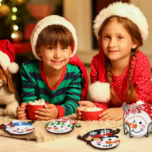Miniatura 5 de Juego de 12 posavasos de pintura de diamantes de Navidad con soporte para arte de diamantes de Navidad en julio, para adultos, suministros de arte