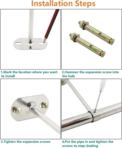 Miniatura 6 de Paquete de 2 soportes de montaje en techo, soporte de tubo de acero inoxidable para armario, soporte de tubería de techo, cortina de ducha, armario