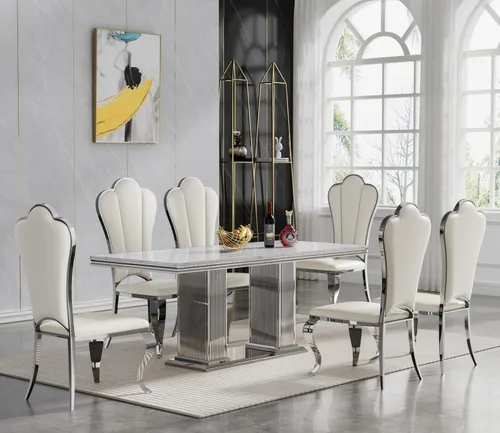 Miniatura 30 de Juego de mesa de comedor de mármol negro de lujo para 4, mesa de cocina dorada de 70 pulgadas y 4 sillas de cuero negro, juego de 5 mesas de comedor