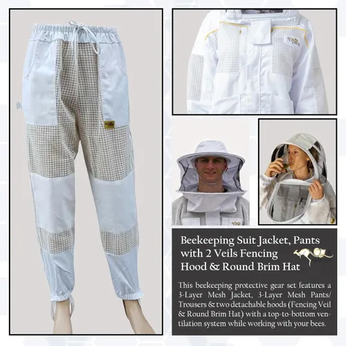 Miniatura 6 de Chaqueta de traje de apicultura, pantalones/pantalones con 2 velos de esgrima capucha y sombrero de ala redonda, disfraz de malla ventilada de 3