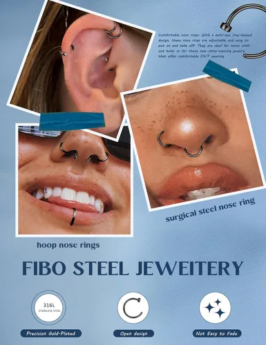 Miniatura 34 de FIBO STEEL - 5 piezas de acero inoxidable, 18G a 22G, joyería corporal, piercing de nariz para mujer