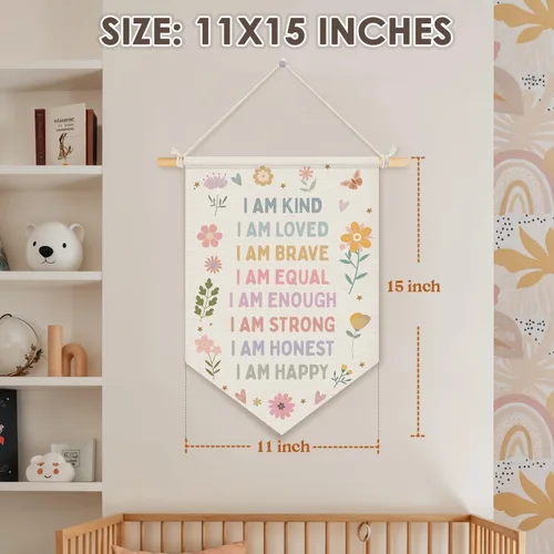 Miniatura 7 de Wheatwin Decoración de pared de afirmaciones positivas, decoración de guardería para niñas, estampado floral pastel para colgar en la pared, bandera