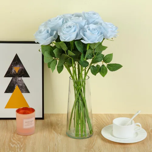 Miniatura 6 de 12 piezas Rosas Flores Artificiales Rosas Falsas Azul Bebé Rosas de Seda Flores de Seda Blancas Rosas con Tallos Largos para Bodas Hogar Fiestas