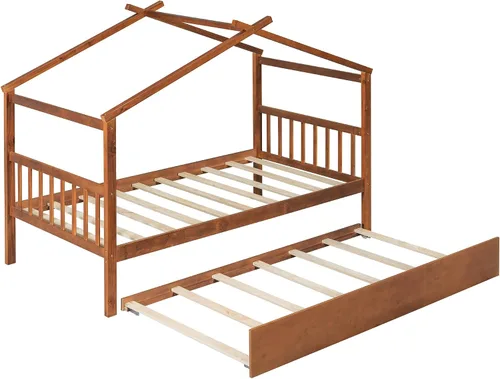 Miniatura 5 de Cama individual de casa con nido para niños, cama individual de madera con techo, marco de cama de plataforma de tamaño individual, cama con dosel