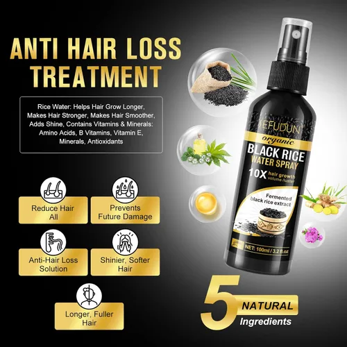 Miniatura 8 de Spray de agua de arroz negro orgánico para el crecimiento del cabello, una solución con aceite de ricino y extracto de raíz de jengibre para cabello