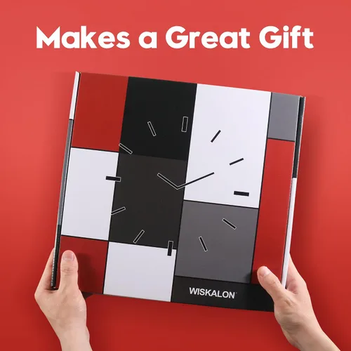 Miniatura 8 de WISKALON Reloj de pared abstracto de cristal geométrico de 12 pulgadas en blanco, gris, rojo y negro, funciona con pilas, reloj de cuarzo silencioso