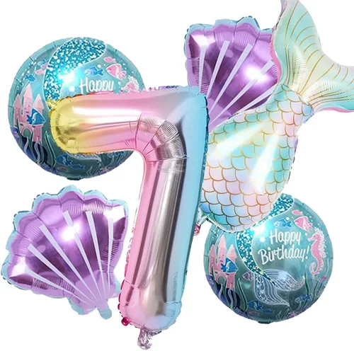 Miniatura 6 de Kit de decoración de cumpleaños de sirena sdquskin: 6 globos verdes de sirena (número 1) para niñas