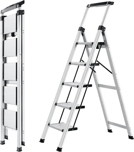 Miniatura 9 de XinSunho Escalera de 3 escalones, empuñadura retráctil plegable con pedal ancho antideslizante, 3 escalones de aluminio, escalera de seguridad