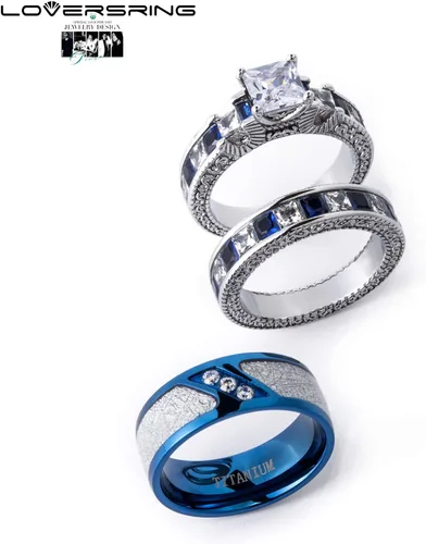 Miniatura 2 de LOVERSRING 3 piezas anillo de pareja nupcial conjuntos de mujeres chapado en oro blanco azul zafiro Cz hombre titanio banda anillo de boda para él