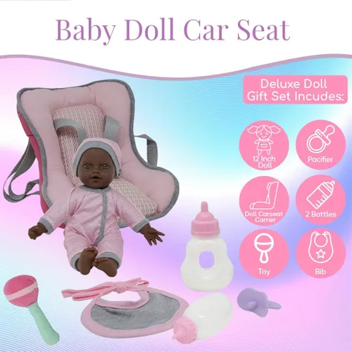 Miniatura 3 de Juego de Viaje de Muñeca Afroamericana - Mochila Portabebés de Asiento de Carro con Muñeca de Cuerpo Suave de 12 Pulgadas Incluye Biberones