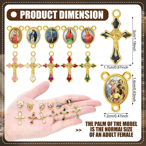 Miniatura 2 de 200 piezas/100 juegos de suministros para kits de fabricación de rosarios, medallas centrales con cruz y dijes de aleación, imágenes religiosas