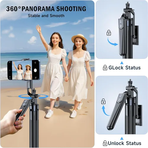 Miniatura 4 de Trípode Selfie Stick, trípode de 71 pulgadas para iPhone, rotación de 360° con control remoto inalámbrico, soporte portátil de aluminio